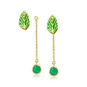 Ross-Simons Grüne Emaille Blatt Ohrringe mit abnehmbaren Emerald Tropfen in 18kt Gold über Sterling