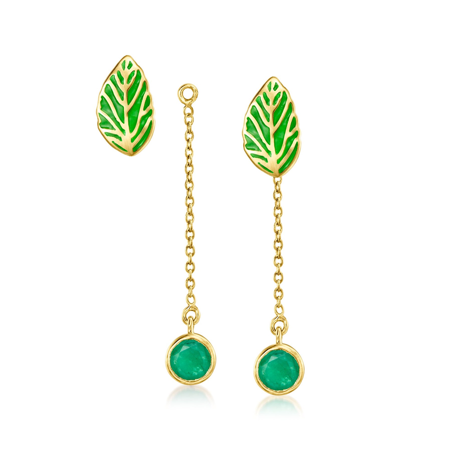 Ross-Simons Grüne Emaille Blatt Ohrringe mit abnehmbaren Emerald Tropfen in 18kt Gold über Sterling