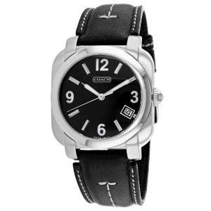 Coach Herren Schwarz Leder Silber Quarz Schwarzes Zifferblatt Uhr