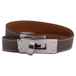 Hermès Kelly Double Tour Silber Palladium Armband aus braunem Leder 7733743157308