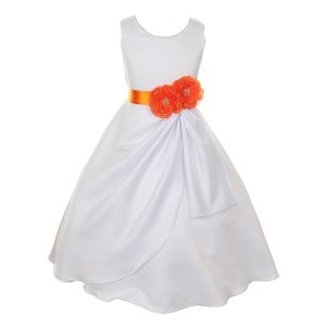 kleine Mädchen weiß orange Braut stumpf Satin Pailletten Blumen Anlass Kleid 2-6