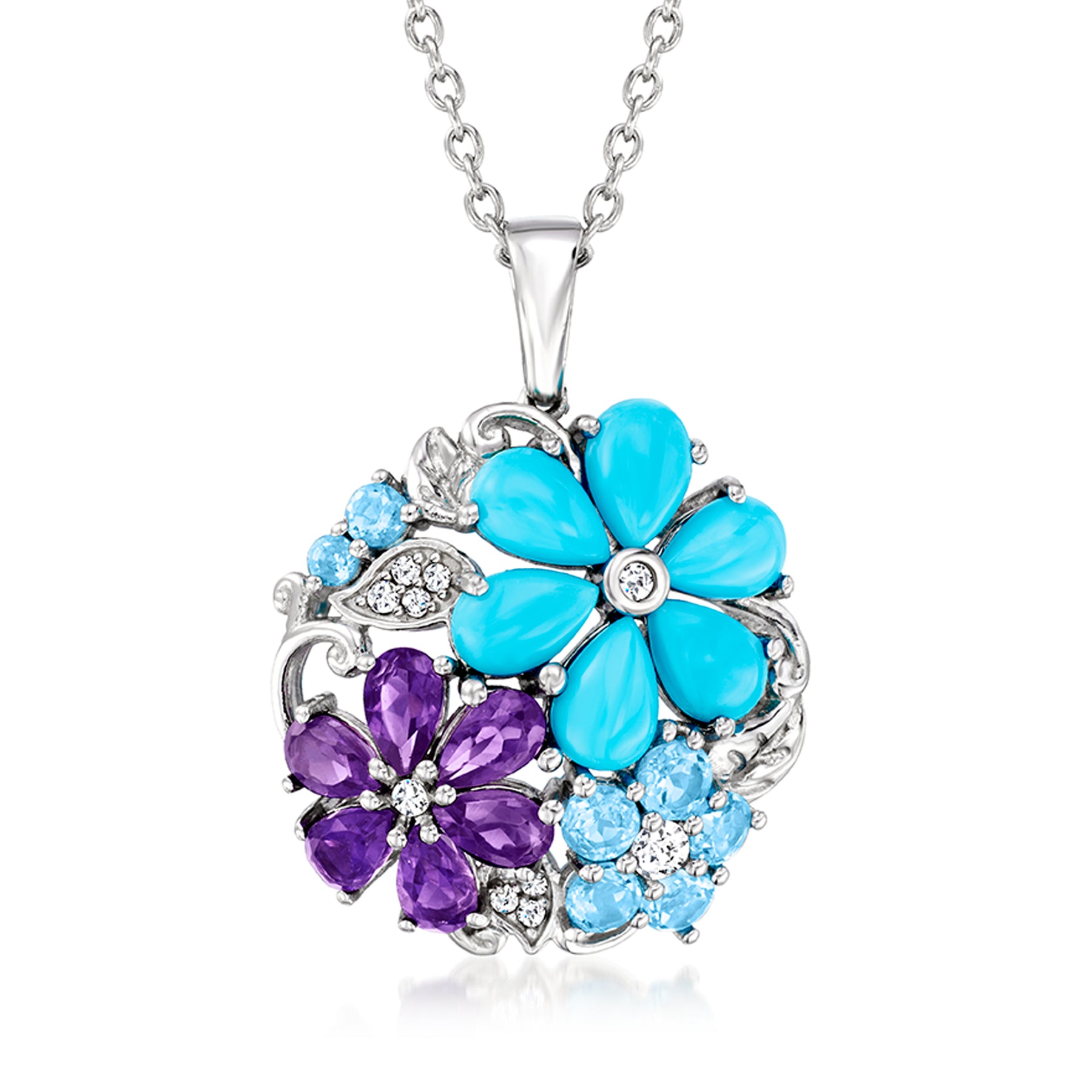 Ross-Simons Mehrfarbig-Gemstone und Türkis Blume Anhänger Halskette in Sterling Silber