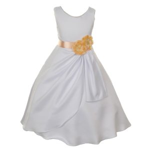 kleine Mädchen weiß Pfirsich Braut stumpf Satin Pailletten Blumen Anlass Kleid 2-6