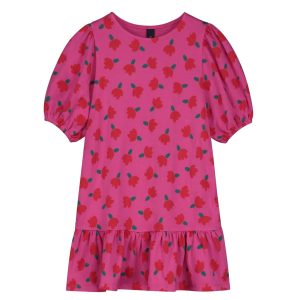 Mädchen s Ballon Ärmel Blumen Kleid in Himbeere 7733747449916
