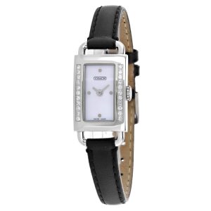 Coach Damen Schwarz Leder Mother Von Perle Weiß MOP Dial Uhr