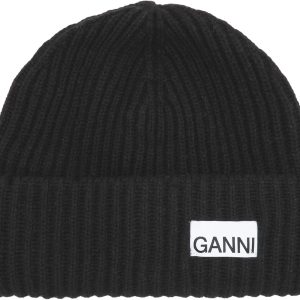 Ganni Damen strukturierte Rippenmütze, schwarz