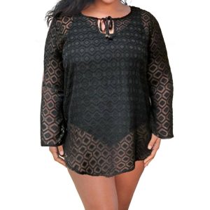 Plus Size Langarm V-Ausschnitt Tunika Abdeckung in schwarz