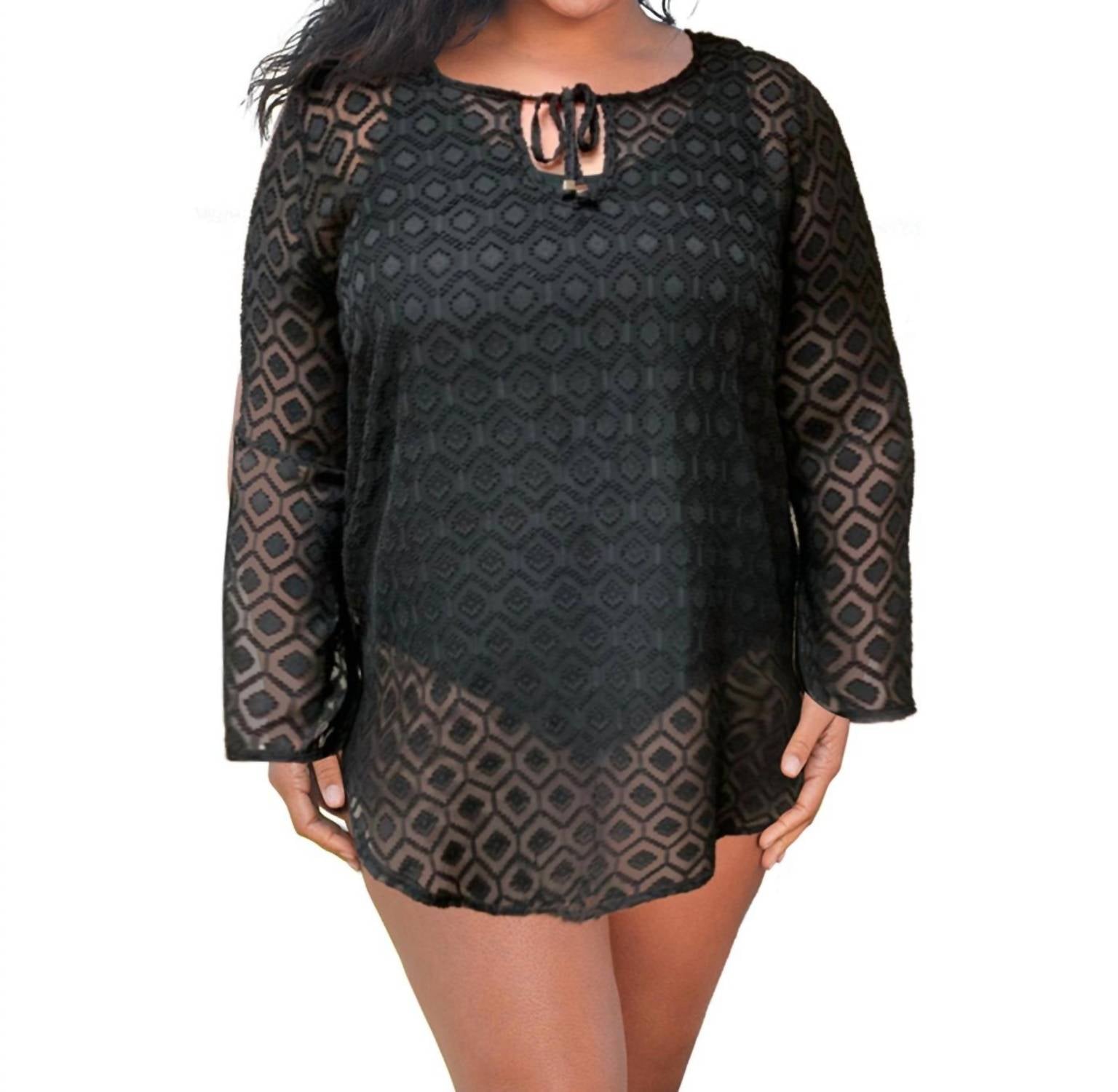 Plus Größe Langarm V-Ausschnitt Tunika Cover Up in schwarz