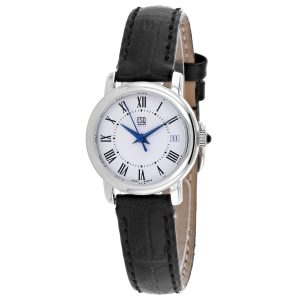 ESQ Damen schwarzes Leder Silber Edelstahl Quarz weißes Zifferblatt Uhr
