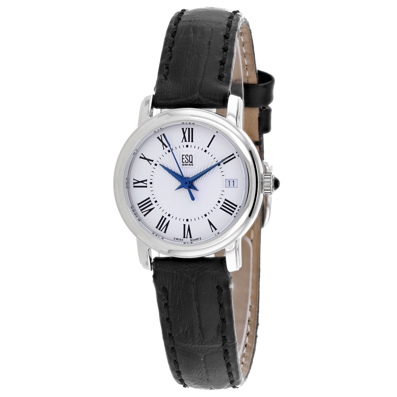 ESQ Damen schwarzes Leder Silber Edelstahl Quarz weißes Zifferblatt Uhr