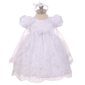 Rainkids Baby Mädchen weiße Pailletten bestickt Spitze Kap Taufe Kleid 0-24M