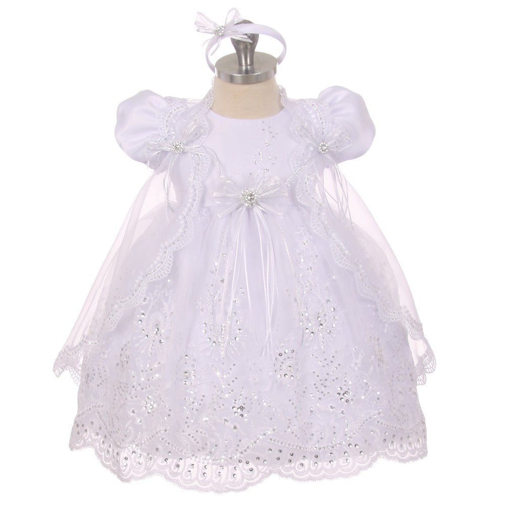 Rainkids Baby Mädchen weiße Pailletten bestickt Spitze Cape Taufe Kleid 0-24M