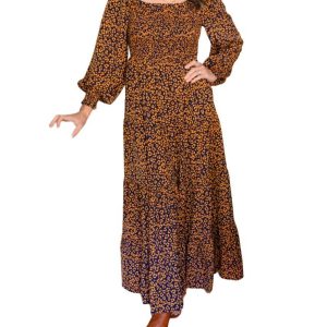 Shirred Square Neck Maxikleid im Tierdruck