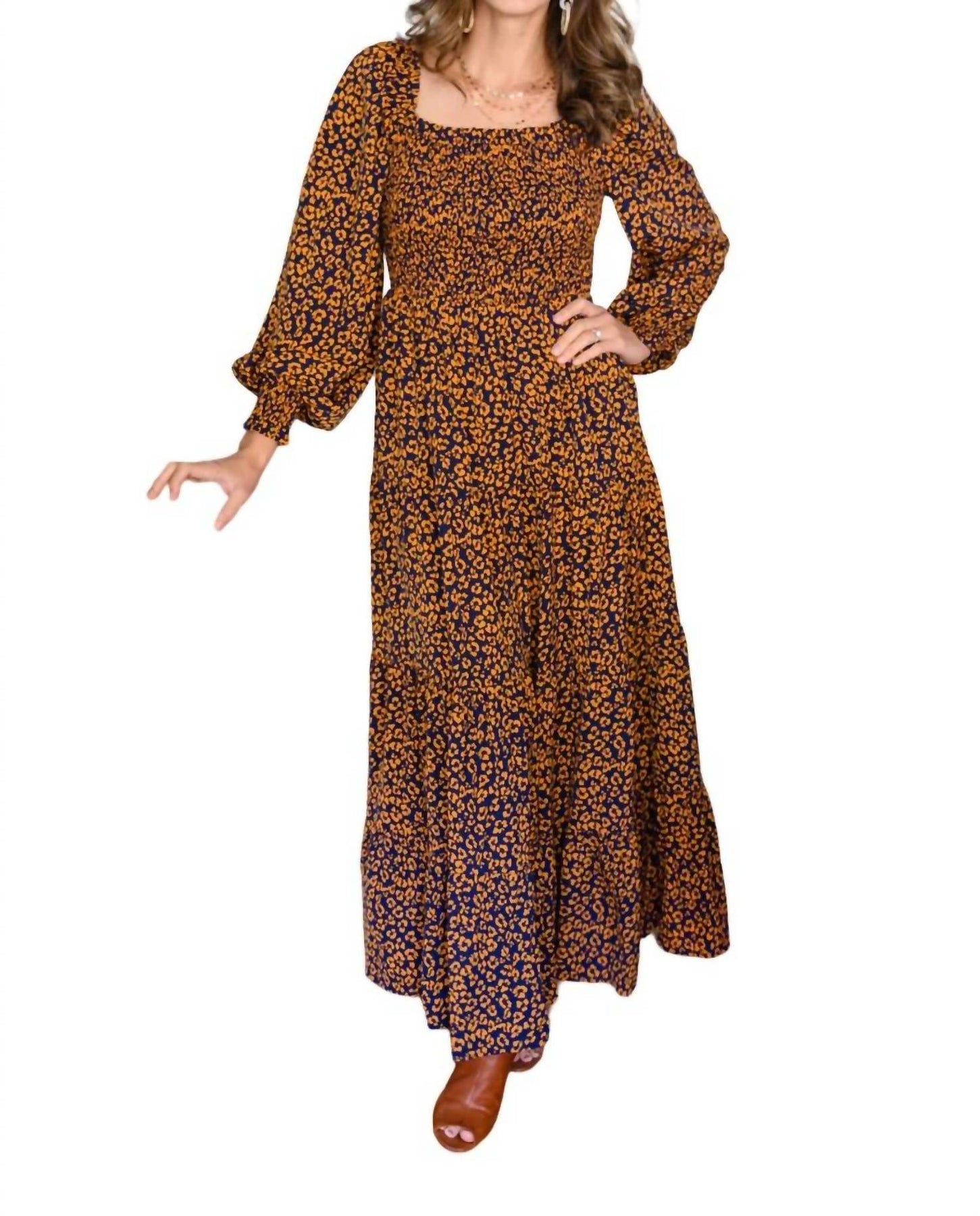 Shirred quadratisch Neck Maxikleid im Tierdruck