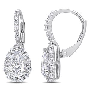 Mimi & Max 2 5/8ct DEW Created Moissanite Teardrop Halo Leverback Ohrringe aus Sterling Silber