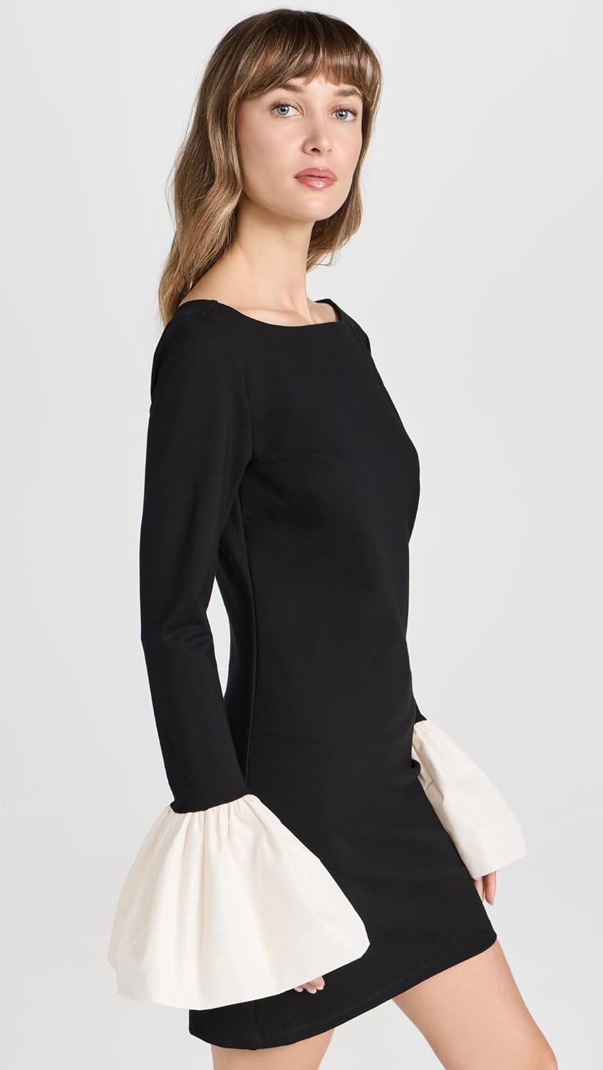 Staud Damen Hawthorne Bell Ärmel Elfenbein Besatz Mini Mantel Kleid Schwarz