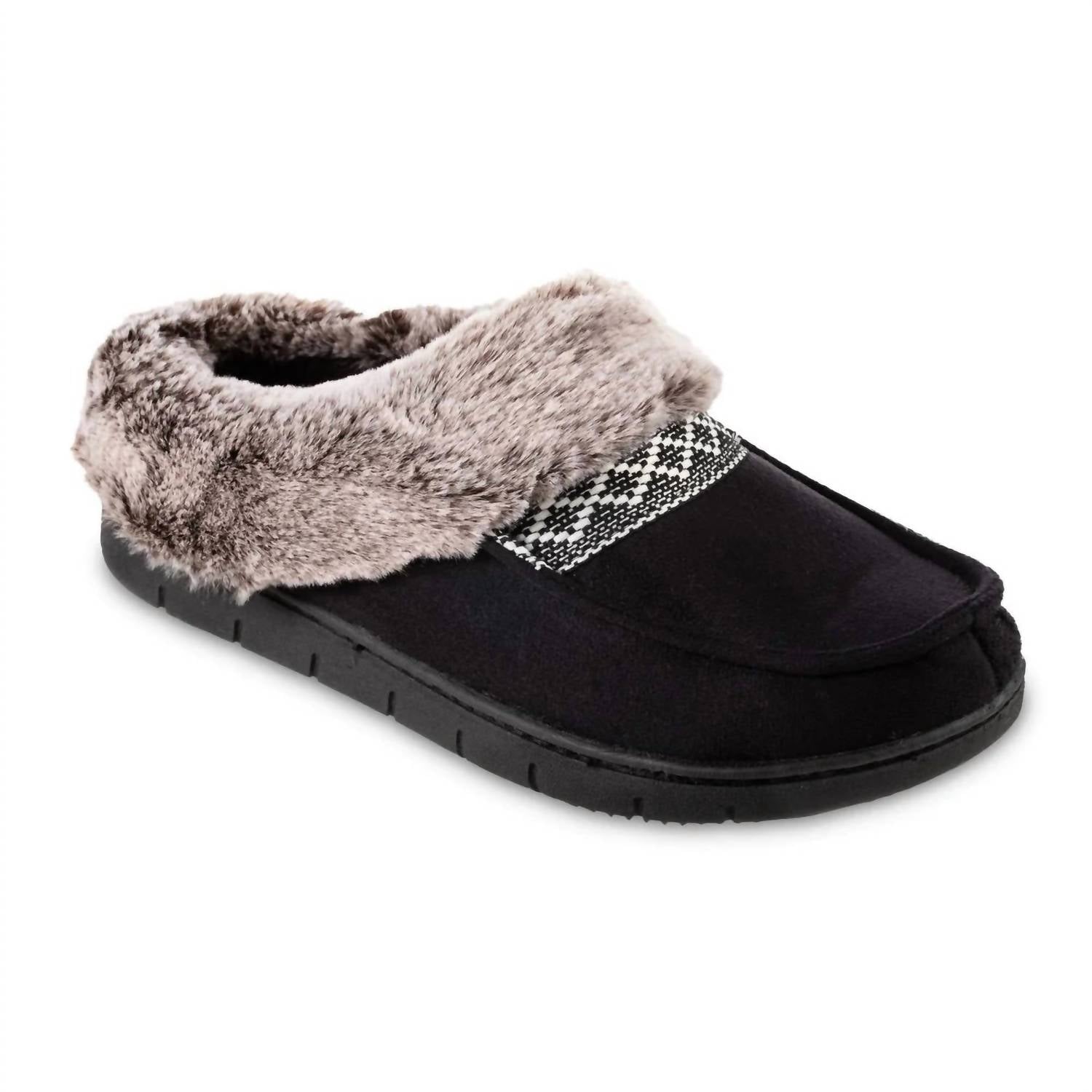 Damen recycelt Microsuede und Kunstpelz Hoodback Slipper in schwarz