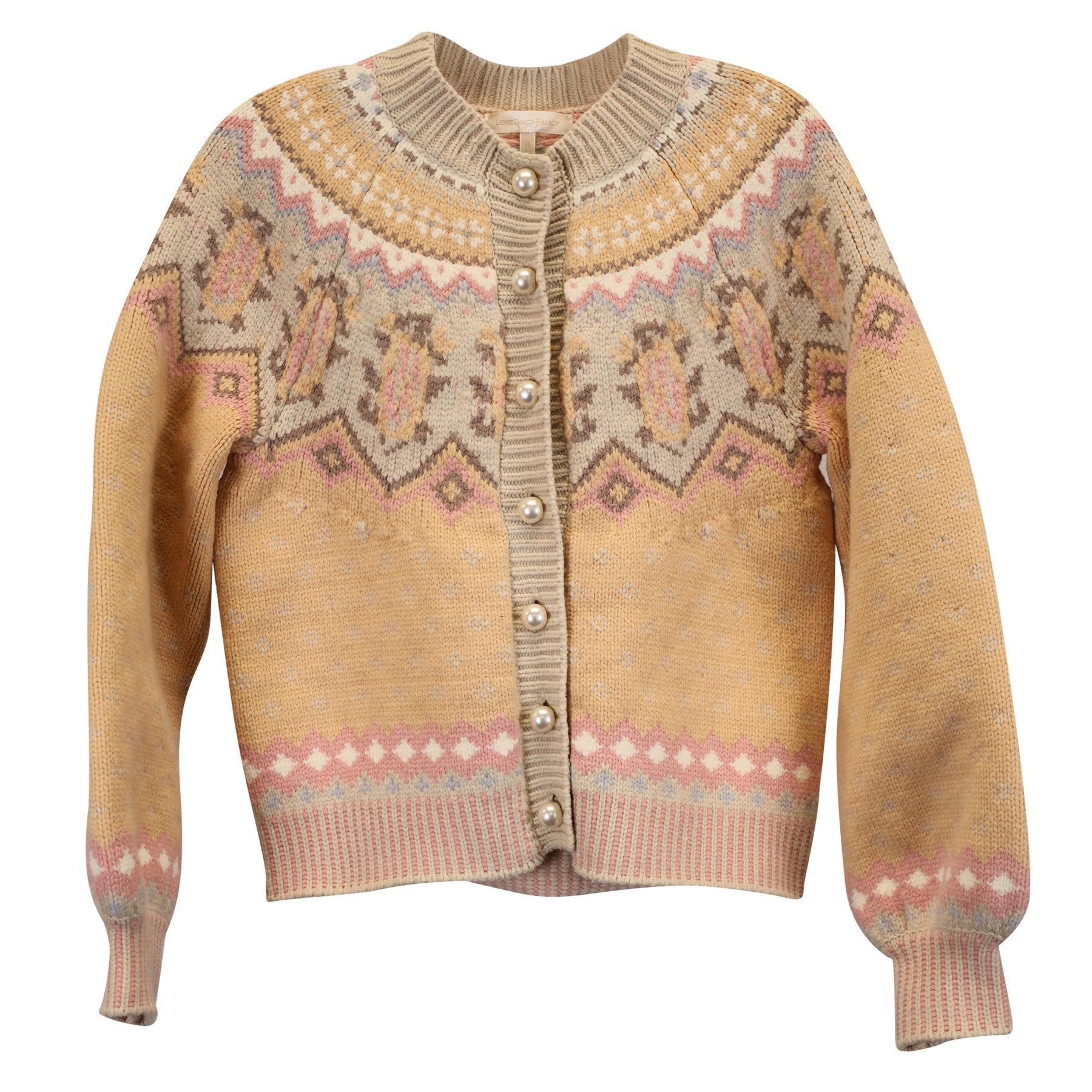 LoveShackFancy Honeypie Boyfriend Strickjacke aus gelber Wolle