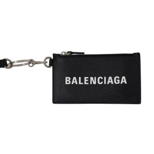 Balenciaga Logo Kartenhalter mit Lanyard aus schwarzem Leder