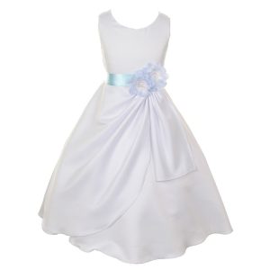 kleine Mädchen weiß blau Braut stumpf Satin Pailletten Blumen Anlass Kleid 2-6