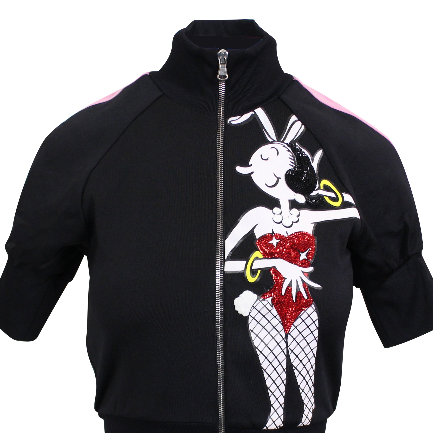 Moschino Couture Kurzarmjacke mit seitlichen Streifen und Reißverschluss – Schwarz