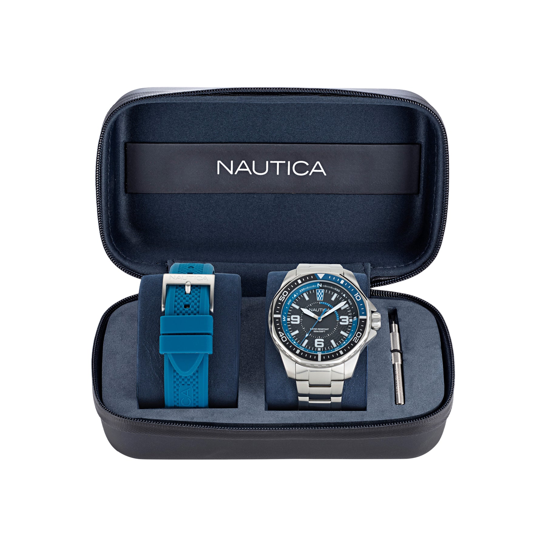 Nautica Herren Koh May Bay Edelstahl und Silikon Uhrenbox Set