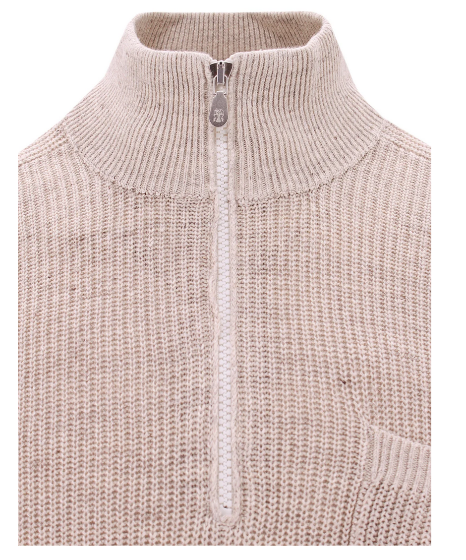 Brunello Cucinelli Herrenpullover mit halbem Reißverschluss in Beige