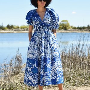 Blaue Druckmaschine Taft Midikleid