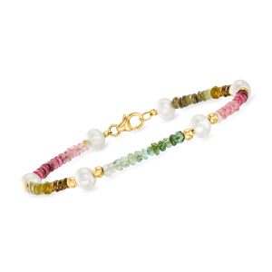 Ross-Simons 5-5.5mm Cultured Pearl and Multicolored Tourmaline Bead Armband mit 14kt Gelbgold – 7748582637628