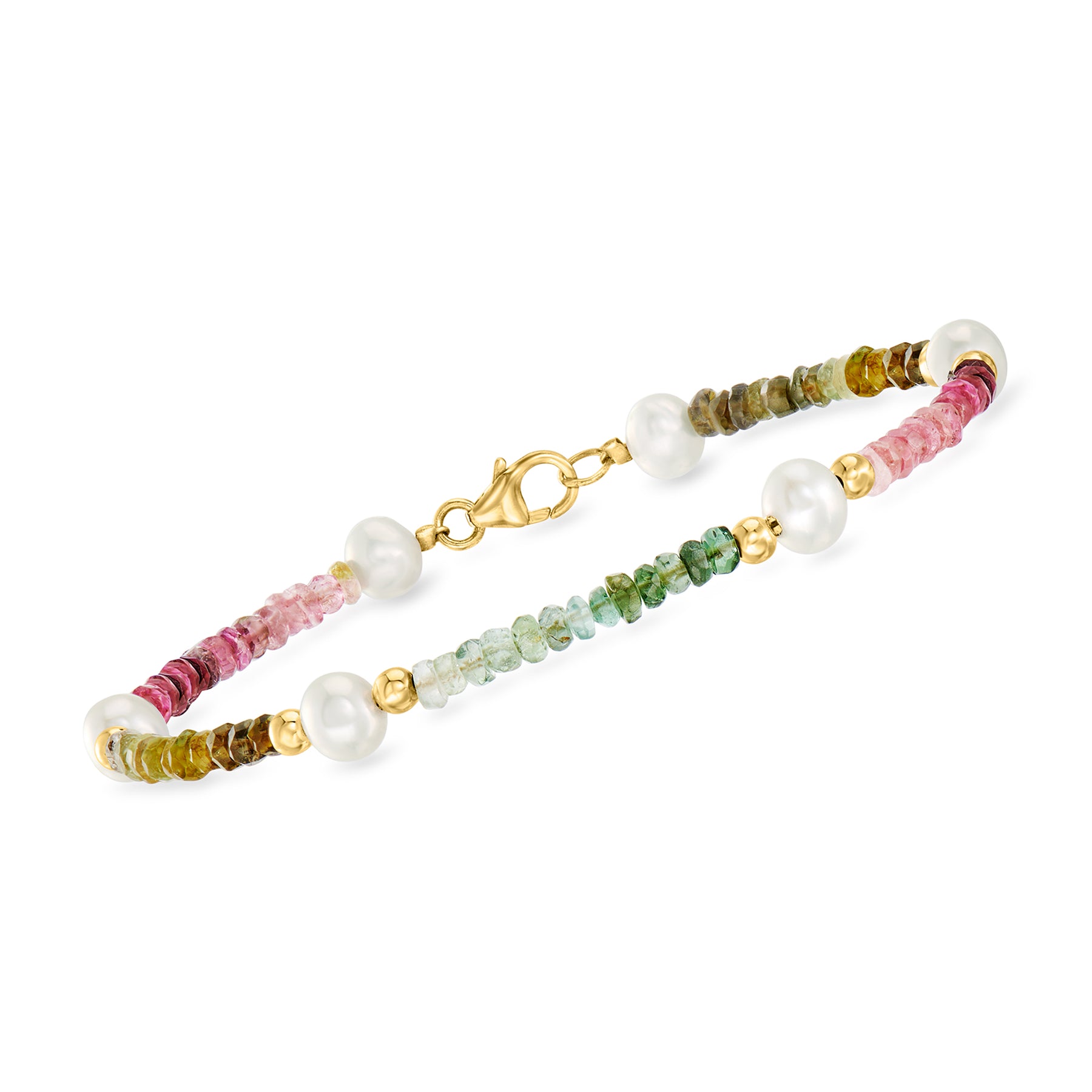Ross-Simons 5-5.5mm kultivierte Perle und mehrfarbige Turmalin Perle Armband mit 14kt Gelbgold