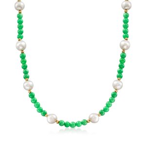 Ross-Simons 9-10mm Zuchtperle und 6mm Jade Perle Halskette mit 18kt Gold über Sterling
