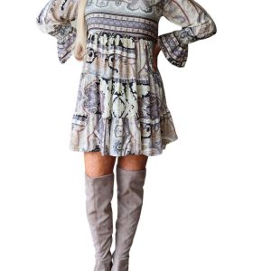 Boho kurz Baby Doll Paisley Kleid in grau