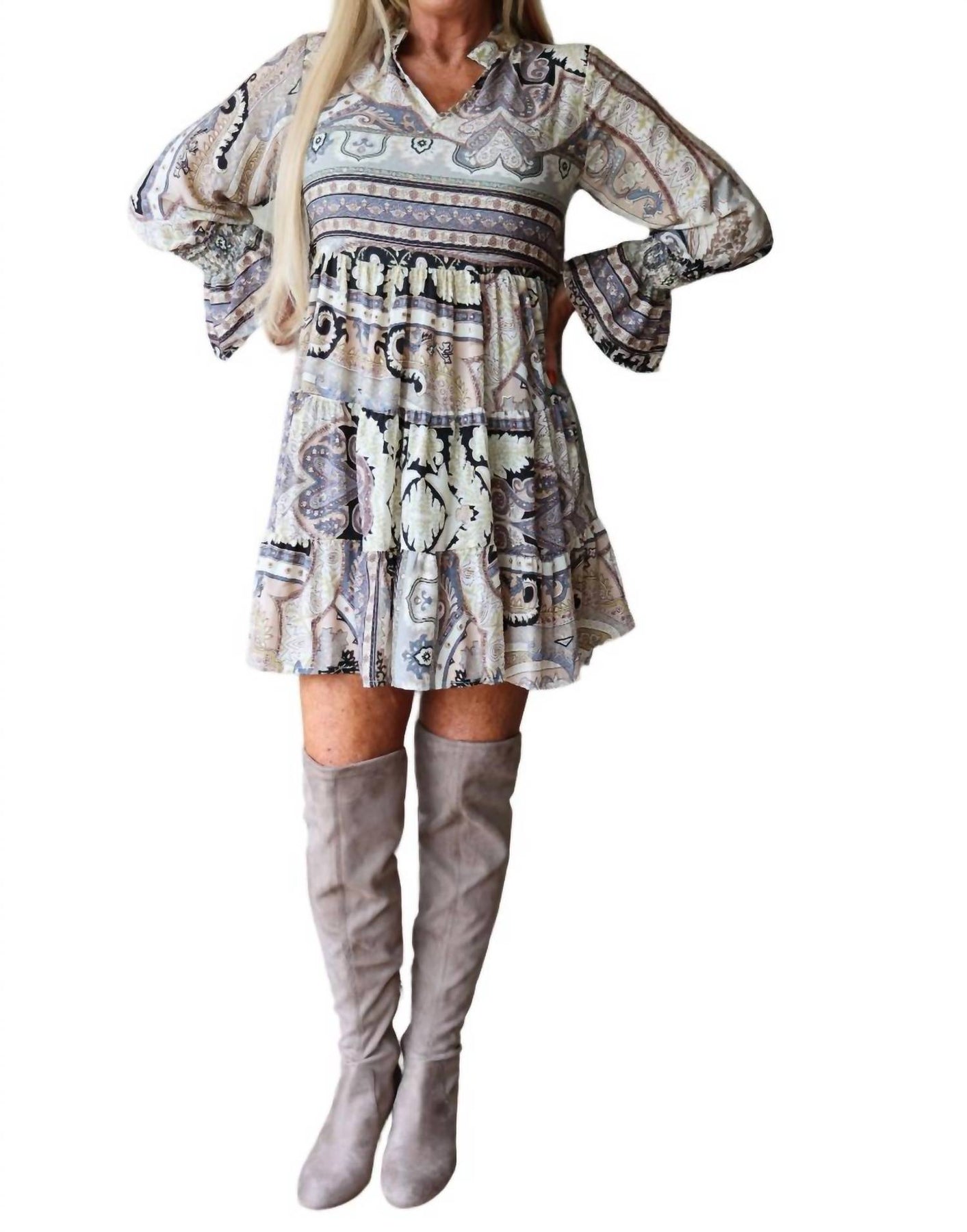 Boho kurz Baby Doll Paisley Kleid in grau