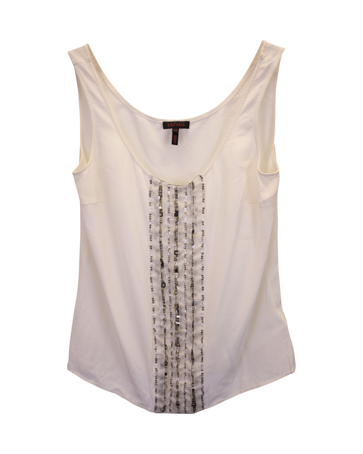 Escada Pailletten ärmelloses Top aus weißer Seide