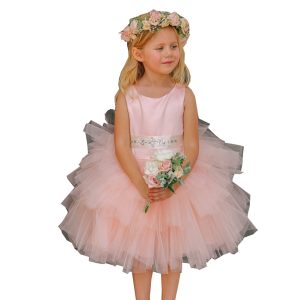 Staubrosa Kleid für Junior-Brautjungfern für große Mädchen, geschichteter Tüll aus Satin, abnehmbare Schärpe, Größe 8–12