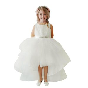 Blumenmädchenkleid für kleine Mädchen, elfenbeinfarben, Spitzenmieder, Perlenschärpe, Hi-Low-Blumenmädchenkleid, Größe 2–6