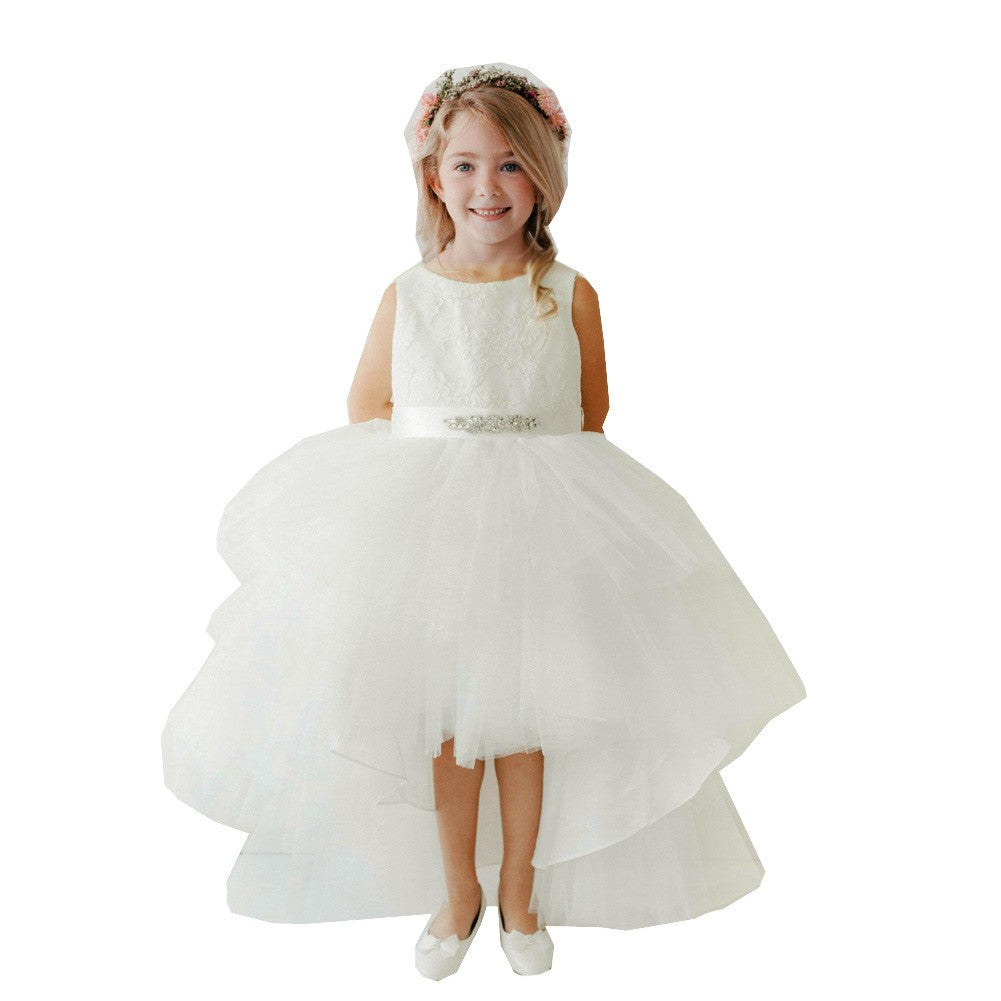 Blumenmädchenkleid für kleine Mädchen, elfenbeinfarben, Spitzenmieder, Perlenschärpe, Hi-Low-Blumenmädchenkleid, Größe 2–6
