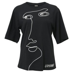 Moschino Gesicht gesticktes T-Shirt aus schwarzer Baumwolle 7748629200956