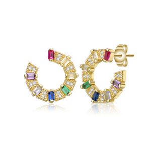 Sterling Silber 14k Gold überzogen mit farbigen Zirkonia Vorderseite-Facing C-Creole Ohrringe