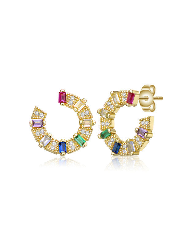 Sterling Silber 14k Gold überzogen mit farbigen Zirkonia Vorderseite-Facing C-Creole Ohrringe