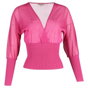 Emilio Pucci langärmelige V-Ausschnitt gestrickte Blusendecke aus rosa Seide 7748630839356