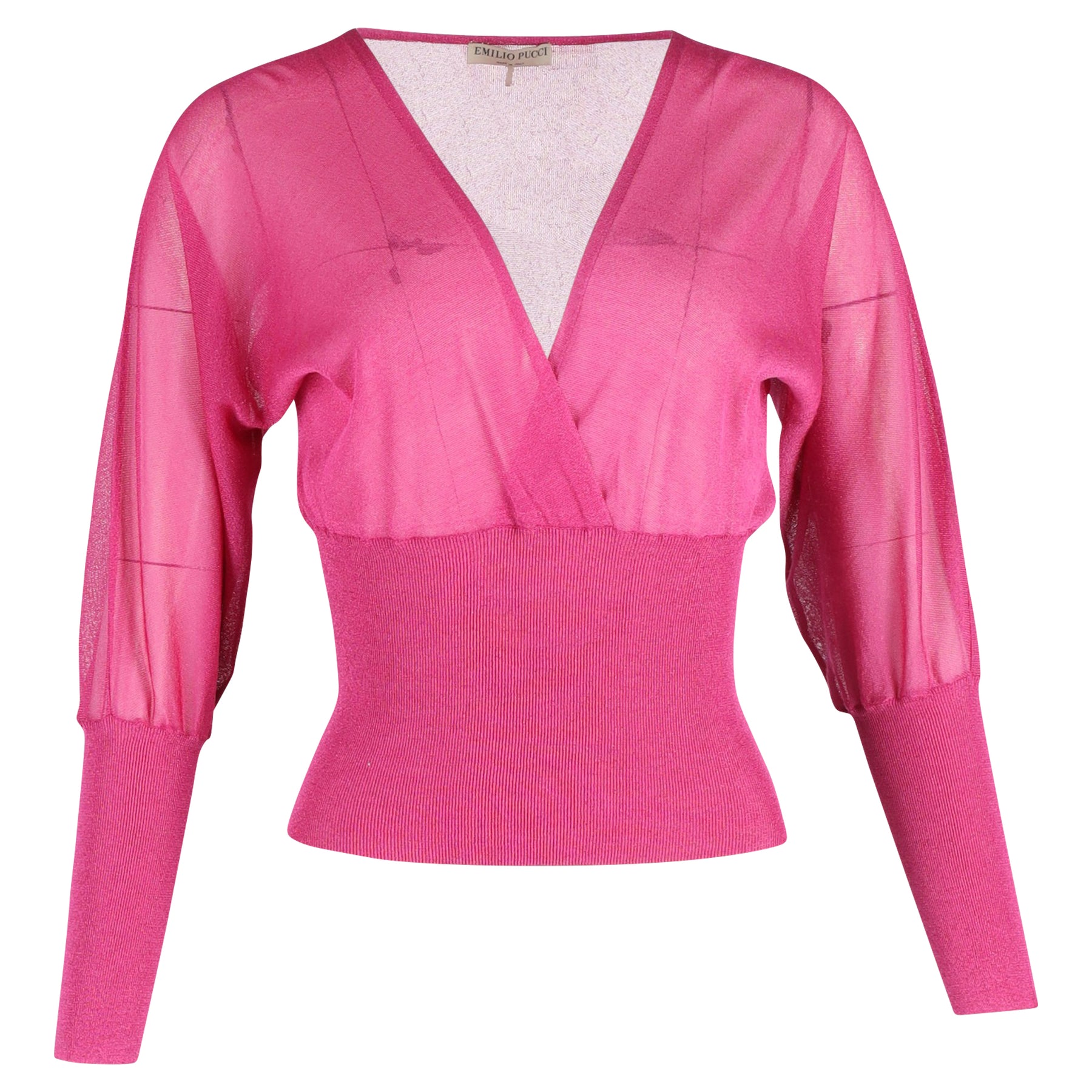 Emilio Pucci Langärmeliges Top mit V-Ausschnitt aus gestricktem Blouson in Rosa Seide