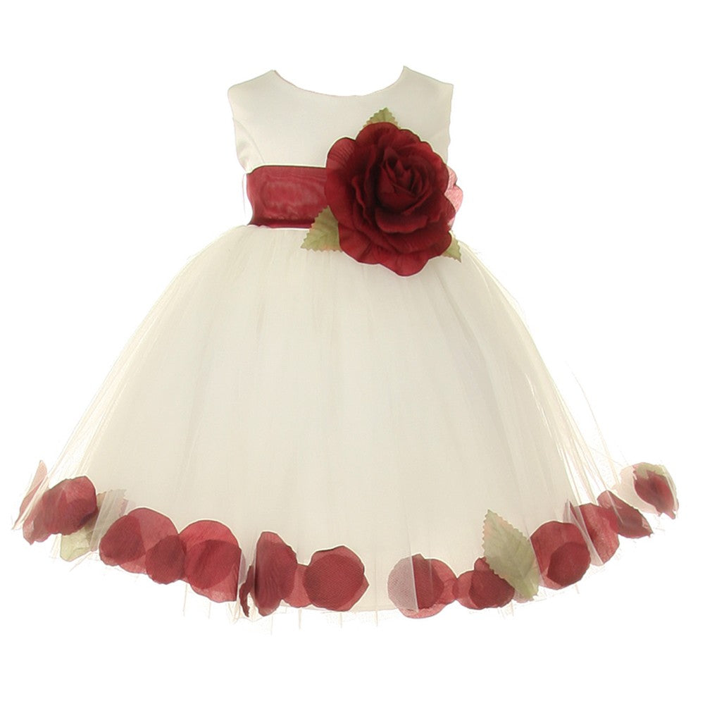 Baby Mädchen Elfenbein Burgund Blütenblatt verziert Satin Tüll Blumenmädchen Kleid 6-24M