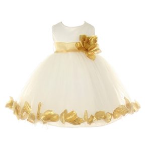 Baby Mädchen Elfenbein Gold Blütenblatt verziert Satin Tüll Blumenmädchen Kleid 6-24M