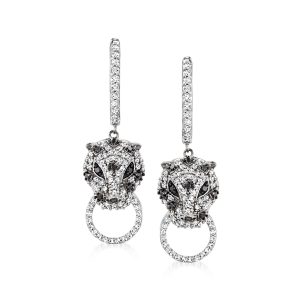 Ross-Simons Schwarze und weiße Diamant Leopard Creole Ohrringe in Sterling Silber