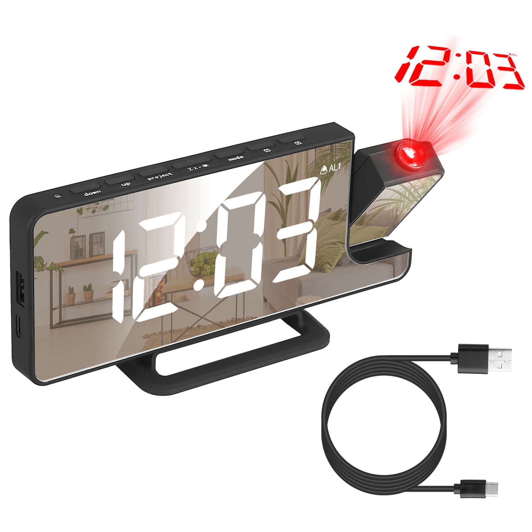 Dual Alarm Projektionsuhr mit USB-Anschluss – 6 Dimmer, Snooze, 12/24 Stunden – 7.7In Mirror