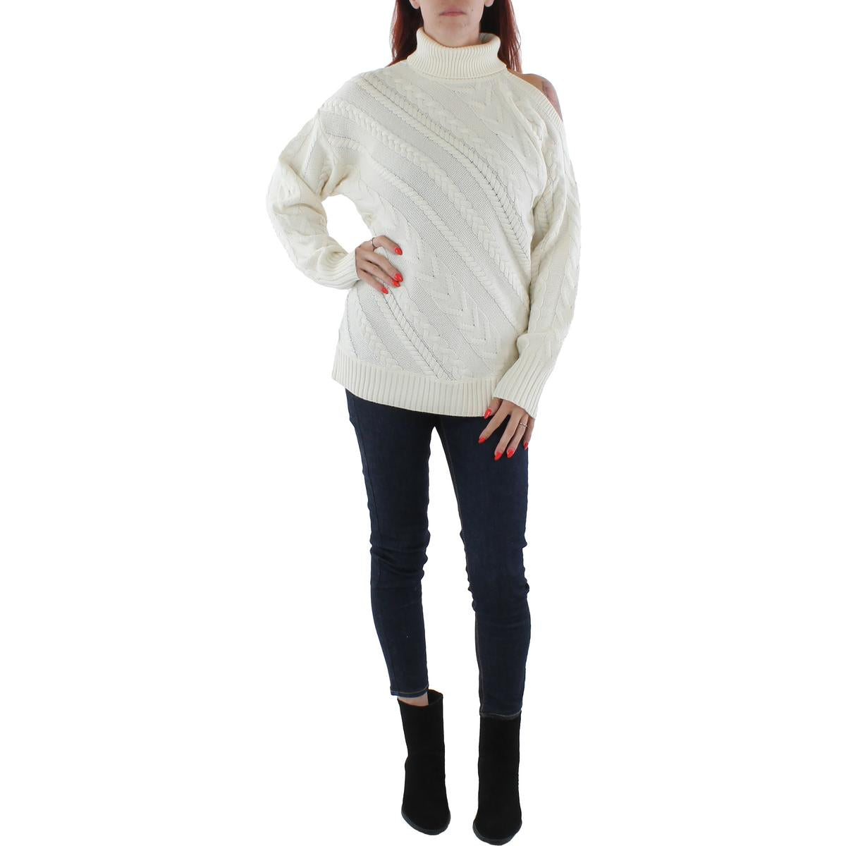 Rollkragenpullover aus Wollmischung mit Zopfmuster und kalter Schulterpartie