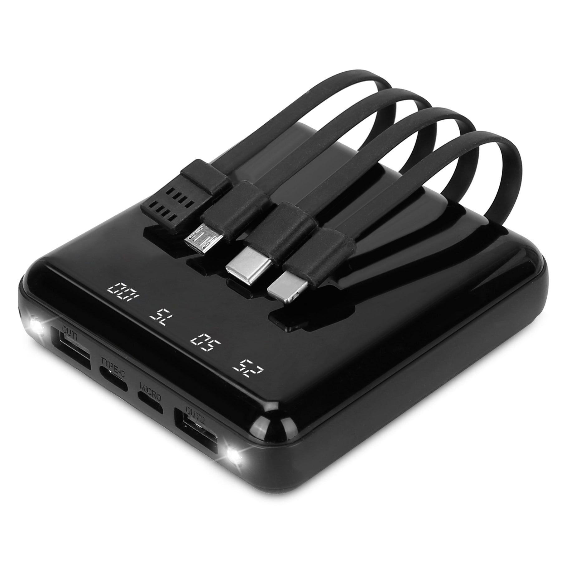 10K mAh Power Bank mit 4 Kabeln und LED-Taschenlampe