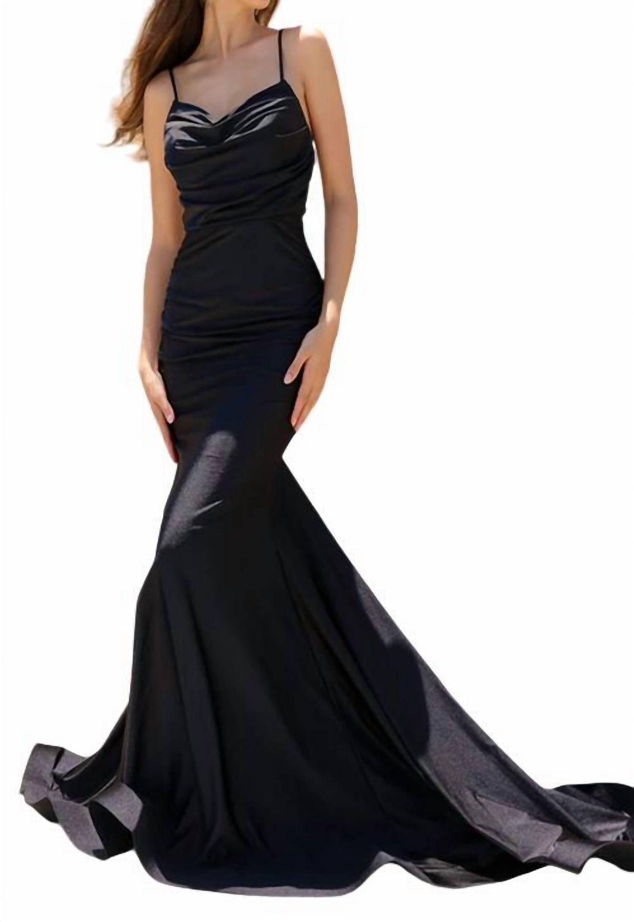 Cowl-Neck lange formale Abschlussball Kleid mit Zug in schwarz
