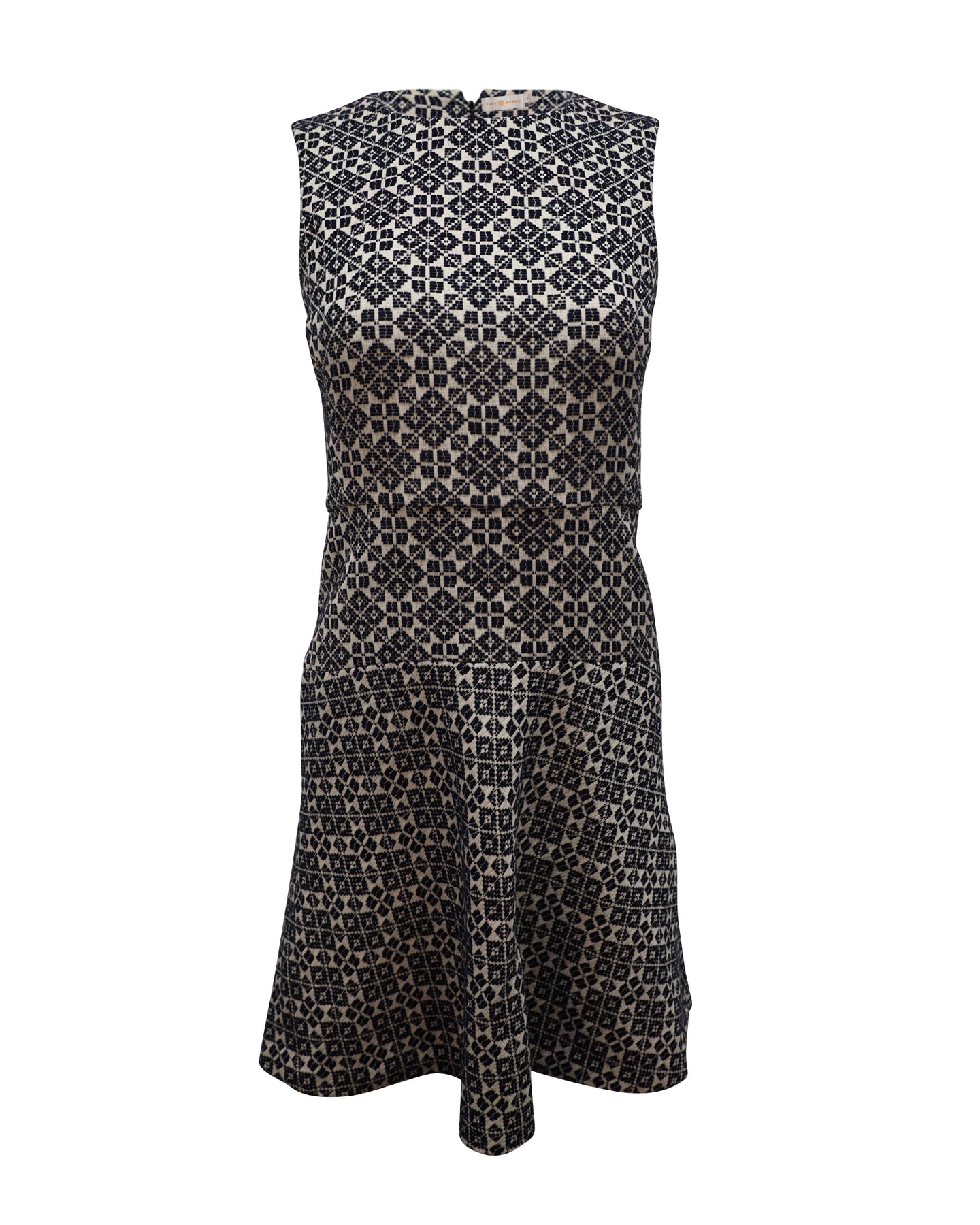 Tory Burch Geometrisch gesticktes ärmelloses Kleid aus schwarzer und weißer Baumwolle